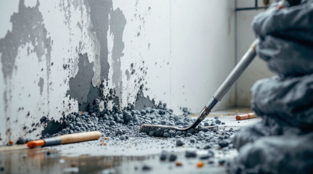Certified mold remediation technician in full personal protective equipment (PPE) inspecting a damp wall with visible black mold growth inside a San Antonio residential property, demonstrating focused expertise.