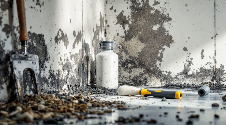 Professional mold remediation technician inspecting a wall with visible mold growth