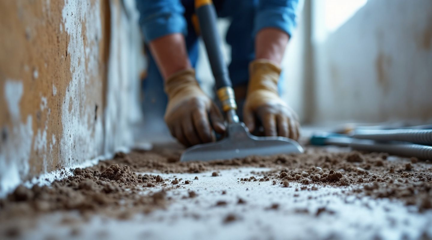 Professional mold remediation technician inspecting a dark crawl space with a flashlight