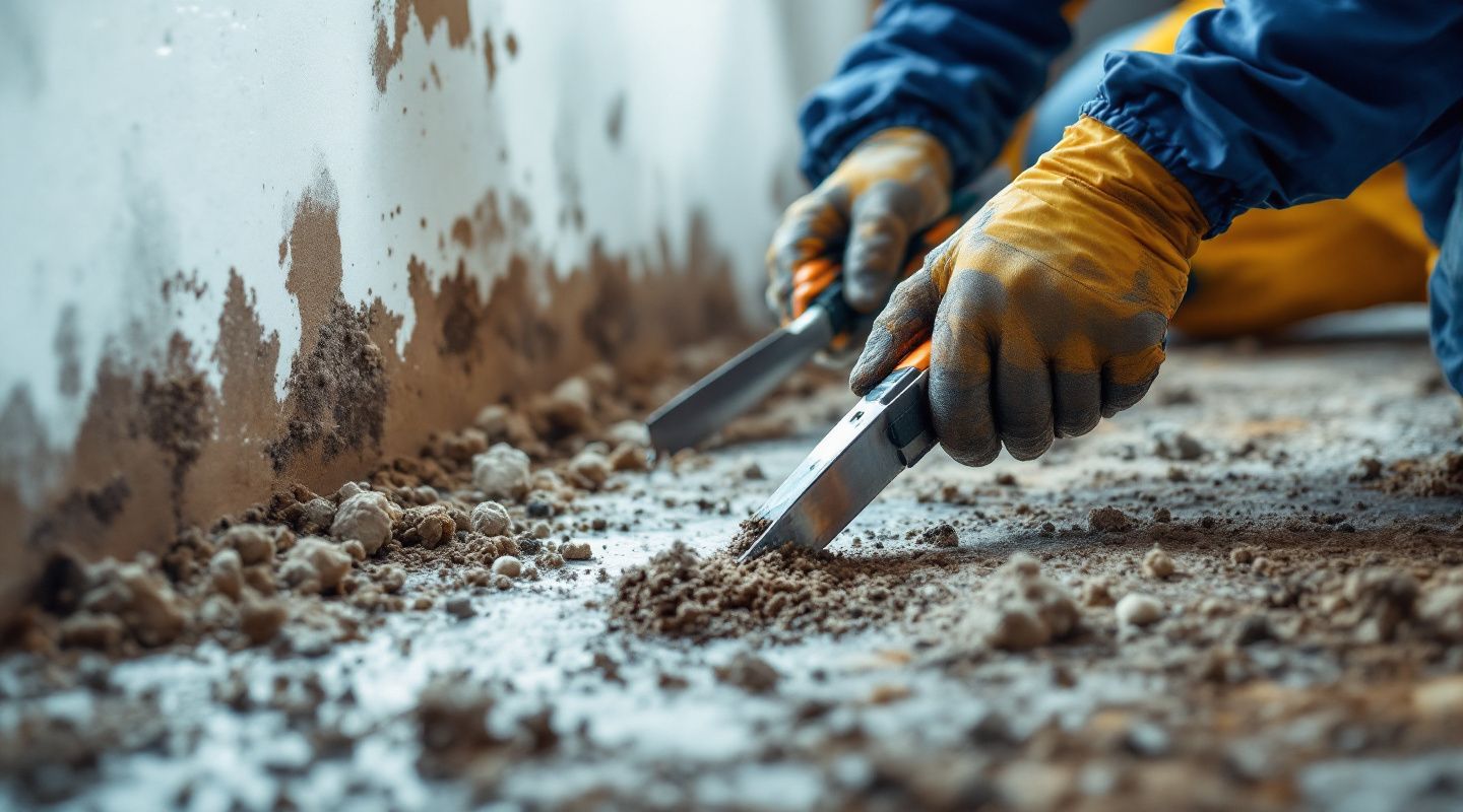 Professional mold remediation team inspecting a damp wall with specialized equipment