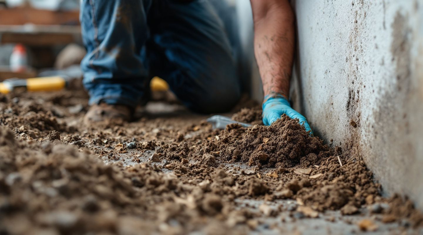 Certified mold remediation technicians inspecting a dark crawl space with visible mold growth