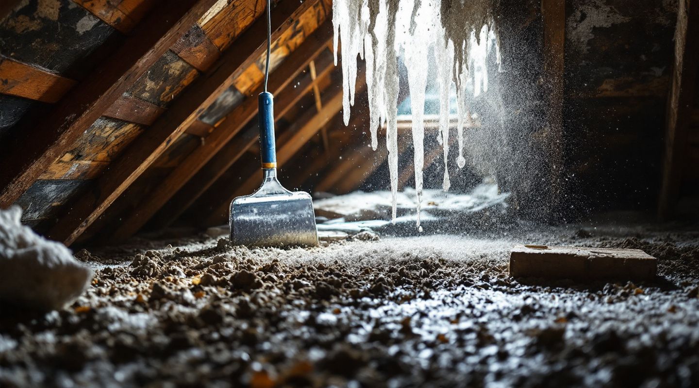 Professional mold remediation technician inspecting a dark, mold-affected attic space