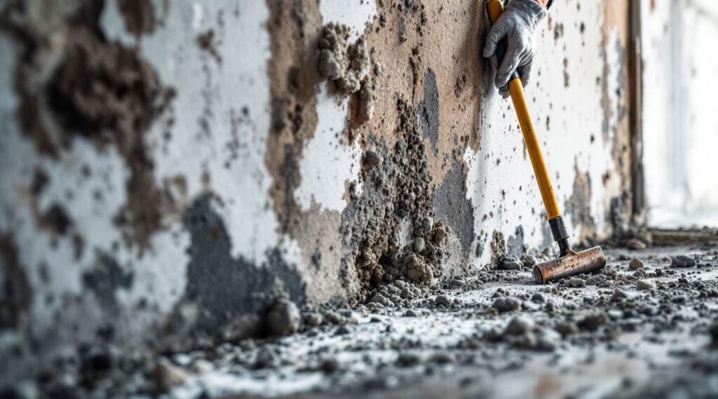 Certified mold remediation technicians inspecting a wall for mold growth with specialized equipment