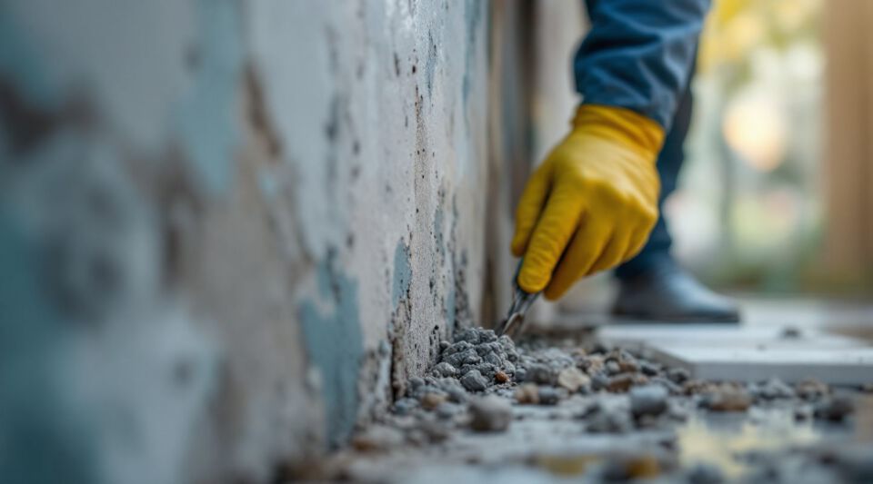 IICRC certified mold remediation technician inspecting a wall for mold growth with specialized equipment