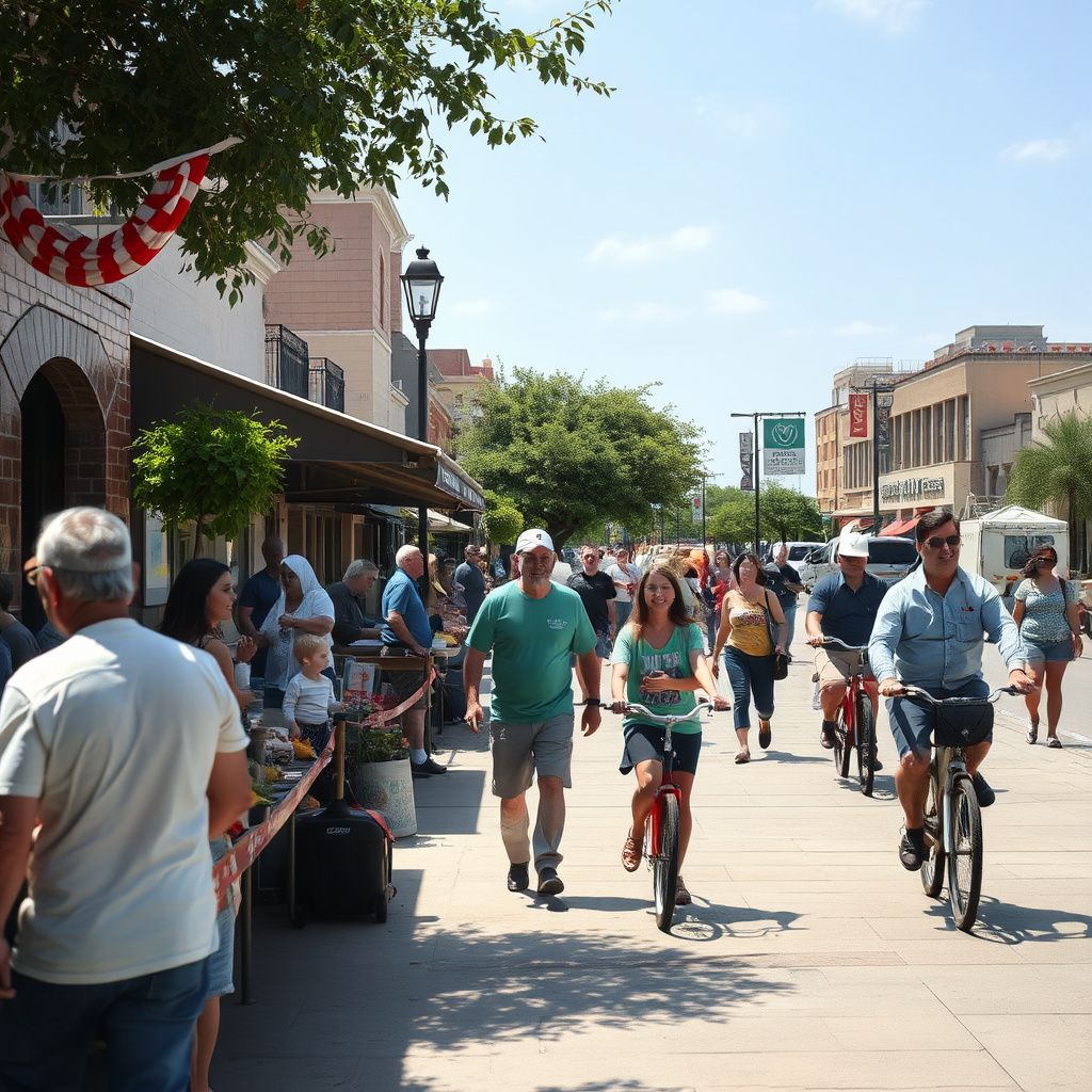 Historic Main Street in Cibolo, Texas, with charming storefronts and mature oak trees under a clear sky.