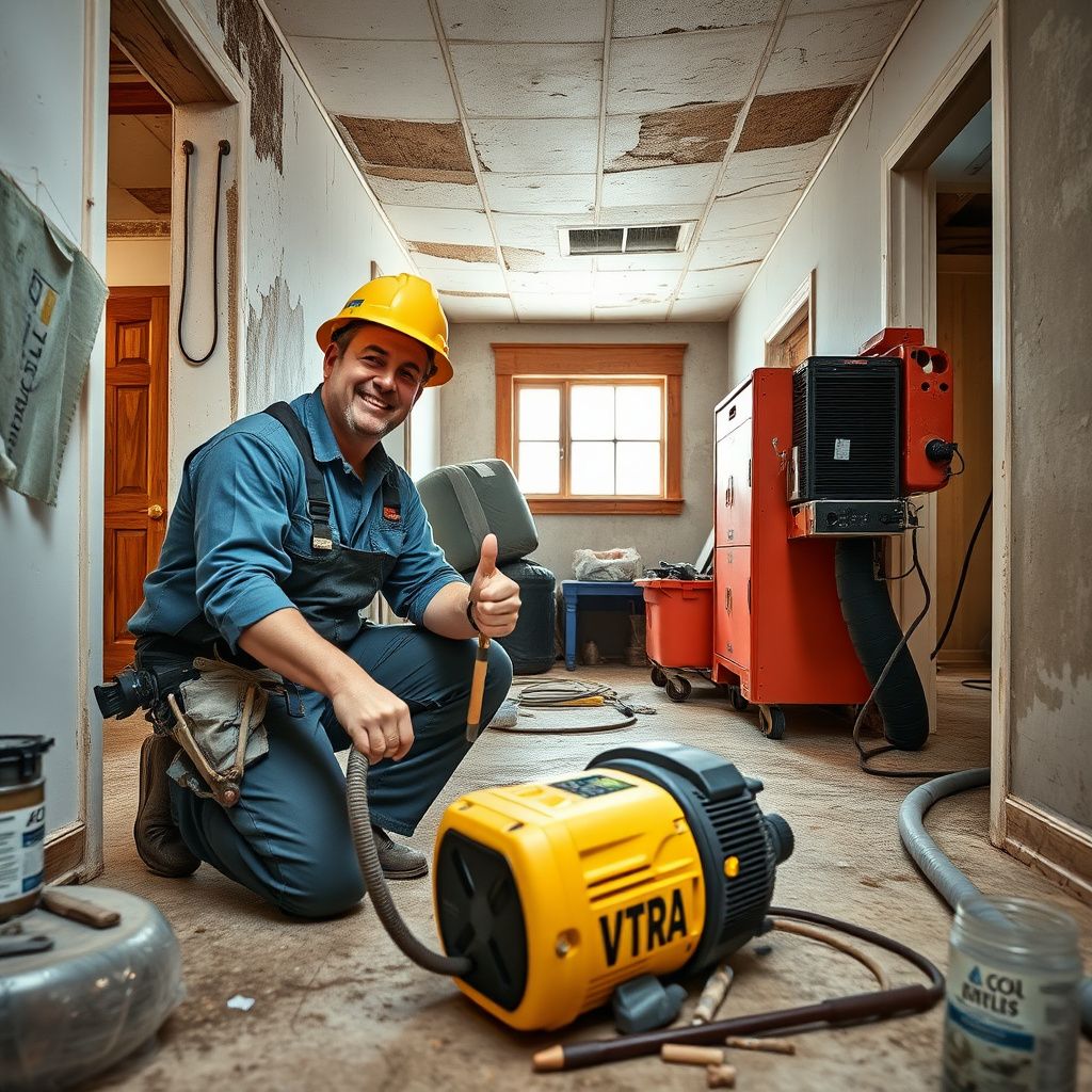 A Pro Peak Mold Removal technician in full PPE setting up containment barriers in a Seguin residential basement, ensuring safety.
